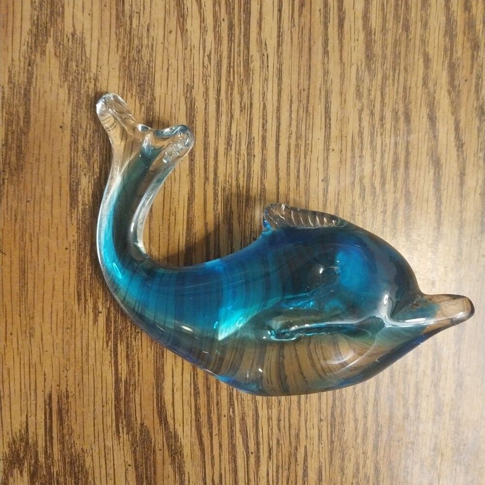 Vintage Hand Blown Dolphin Figurine Art Glass Blue 7: In Paperweight